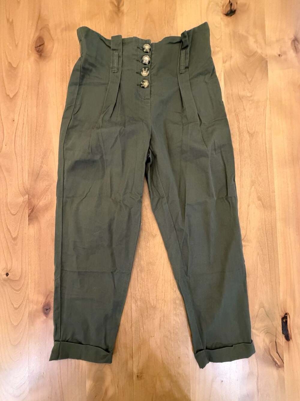Vanilla Star High-Waist Button Fly Paperbag Pants in Olive Green Med
